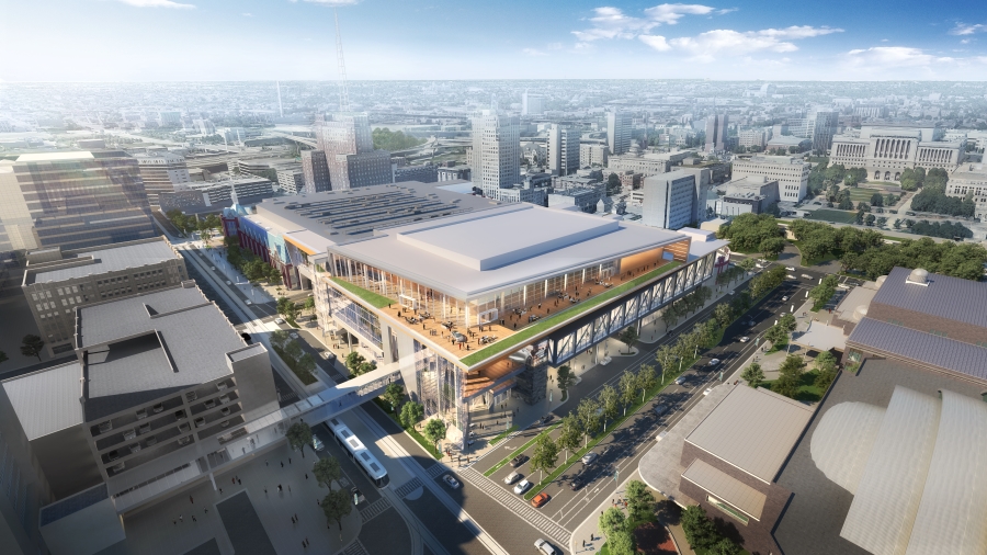 Exterior view of the Wisconsin Center, a large convention center, showcasing institutional construction.